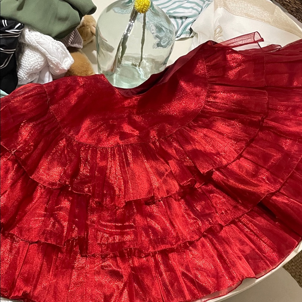Elegant Red Ruffled tiered shimmer tree Skirt